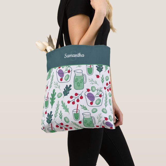 Vegetable Salad Pattern with Name Green Shopping Tote Bag (Close Up)