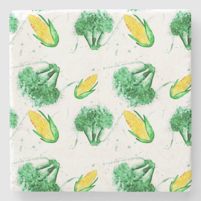Vegetable seamless pattern with corn and broccoli stone coaster (Front)