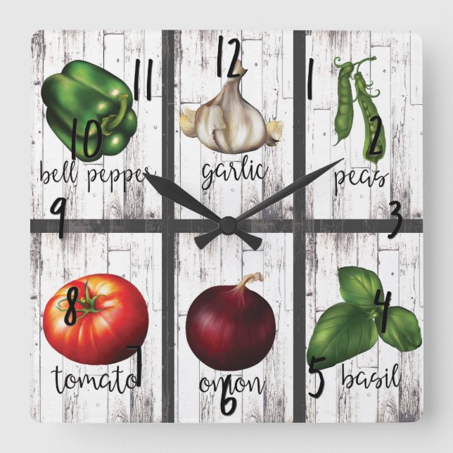 Vegetables & Herbs Rustic Modern Kitchen Food Art Square Wall Clock (Front)