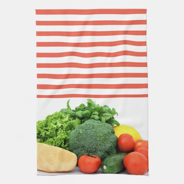 Vegetables on Red and White Striped Background Tea Towel (Vertical)