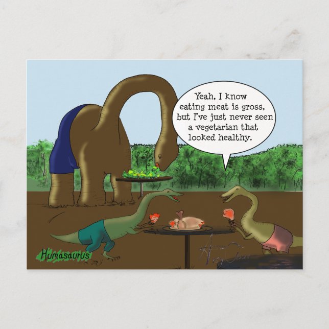 Vegetarian vs. Carnivore Funny Dinosaur Postcard (Front)