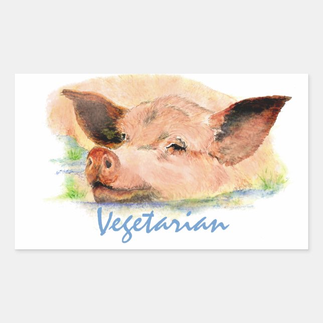 Vegetarian with Cute Watercolor Pig Rectangular Sticker (Front)