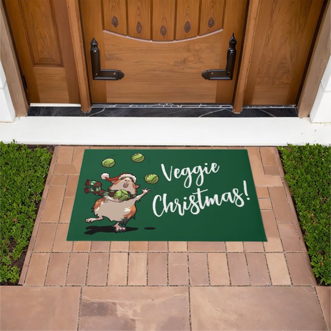 Veggie Christmas! Guinea Pig Juggling Sprouts Doormat (Outdoor)