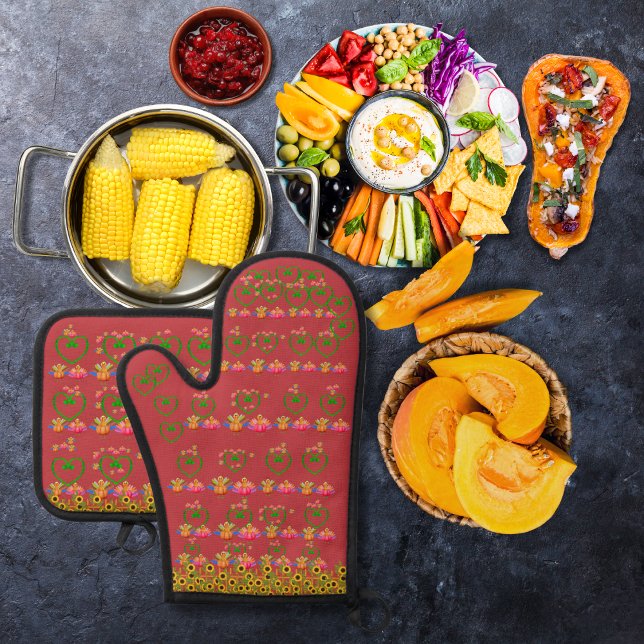 Veggie-turkeys and sunflowers red oven mitt & pot holder set (Creator Uploaded)