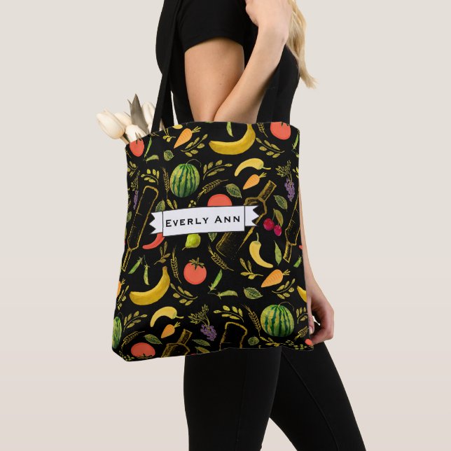 Veggies and Gold Bottles Foodie Hipster Pattern Tote Bag (Close Up)