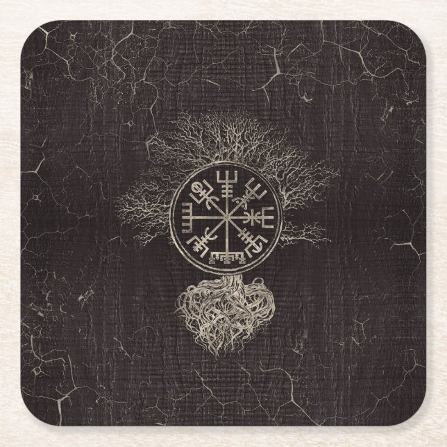 Vegvisir  and Tree of life  -Yggdrasil Square Paper Coaster (Front)