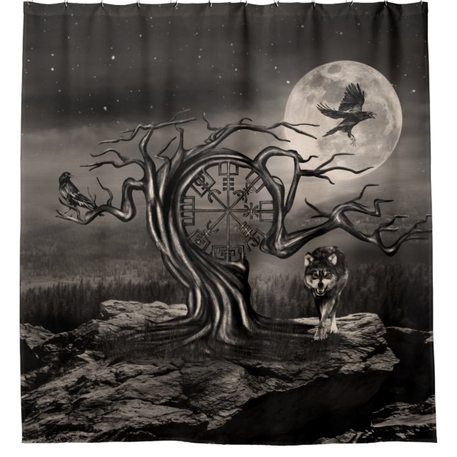 Vegvisir Tree Moon landscape - sepia Shower Curtain (Front)