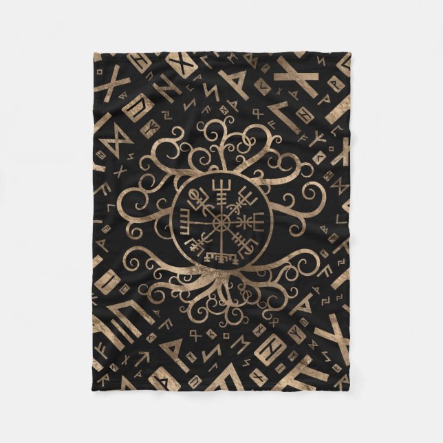 Vegvisir Tree of life Yggdrasil and Runes Fleece Blanket (Front)