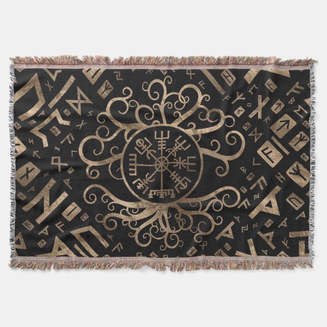 Vegvisir Tree of life Yggdrasil and Runes Throw Blanket (Front)