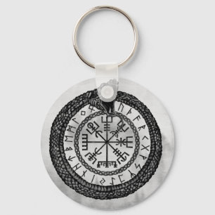 Vegvisir with Ouroboros and runes - grayscale Key Ring