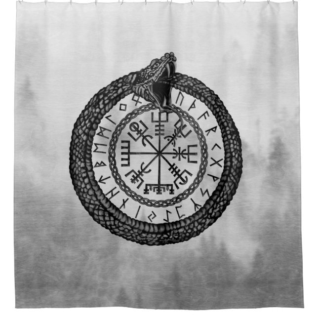 Vegvisir with Ouroboros and runes - grayscale Shower Curtain (Front)