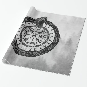 Vegvisir with Ouroboros and runes - grayscale Wrapping Paper