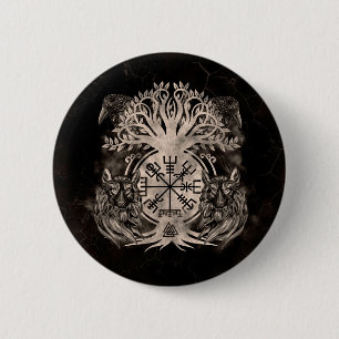 Vegvisir -Yggdrasil With Ravens & Wolves 6 Cm Round Badge