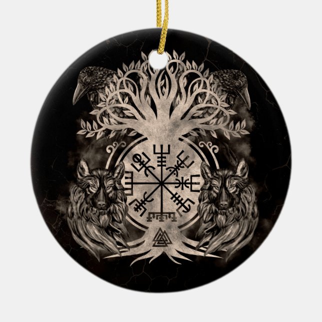 Vegvisir -Yggdrasil With Ravens & Wolves Ceramic Tree Decoration (Front)