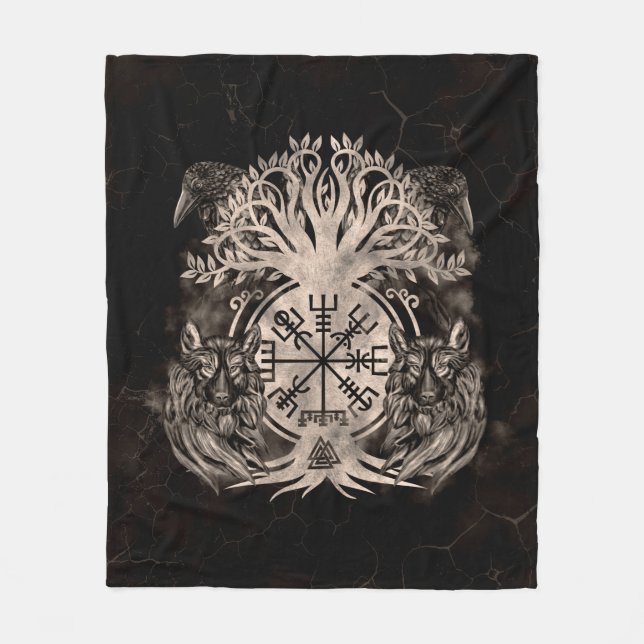 Vegvisir -Yggdrasil With Ravens & Wolves Fleece Blanket (Front)