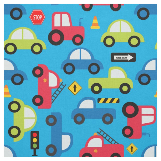 Vehicle pattern with car firetruck tractor fabric (Swatch)