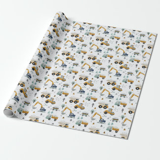 Vehicles and trucks on construction site wrapping paper