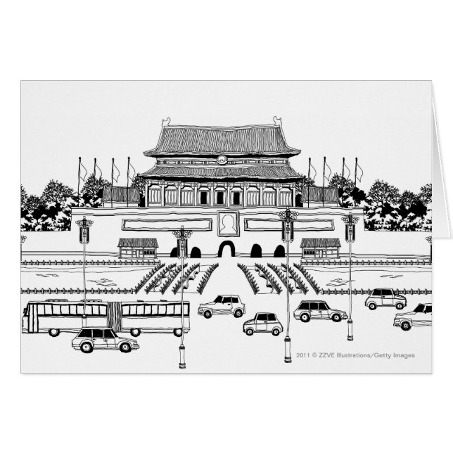 Vehicles on road by pagoda (Front Horizontal)