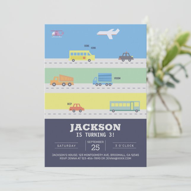 Vehicles, Trucks, Aeroplanes, Cars Blue Birthday Invitation (Standing Front)