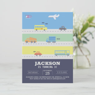 Vehicles, Trucks, Aeroplanes, Cars Blue Birthday Invitation