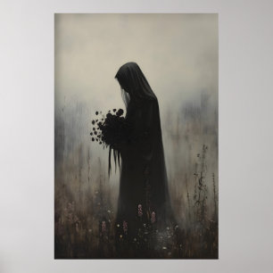 Veiled Woman Black Roses Gothic Widow Art Dark Poster