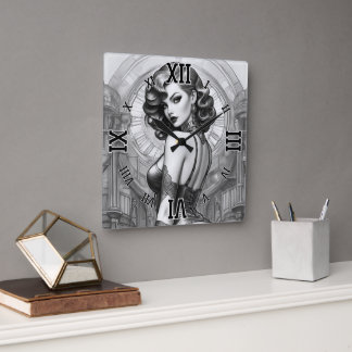 Velaria Retro Age Pin Up Girl Portrait Square Wall Clock