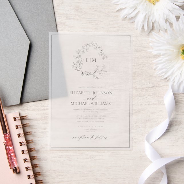 Vellum Elegant Black Leafy Crest Monogram Wedding Invitations (Wedding)