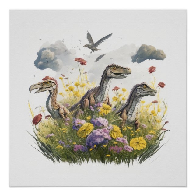 Velociraptors in a Meadow Poster (Front)