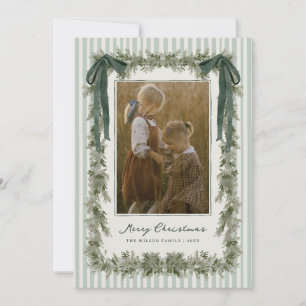 Velvet Bow and Stripes Christmas Photo Card Green