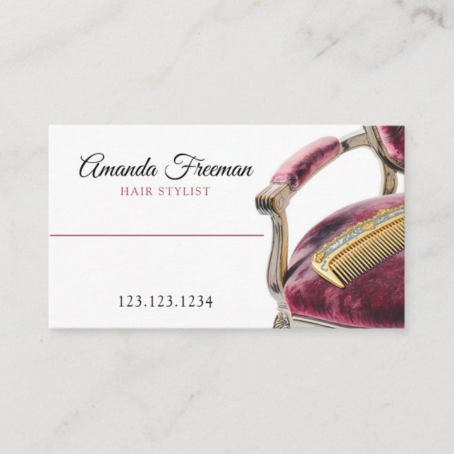 Velvet Dark Red Chair Gold Comb Hair Stylist Business Card (Front)