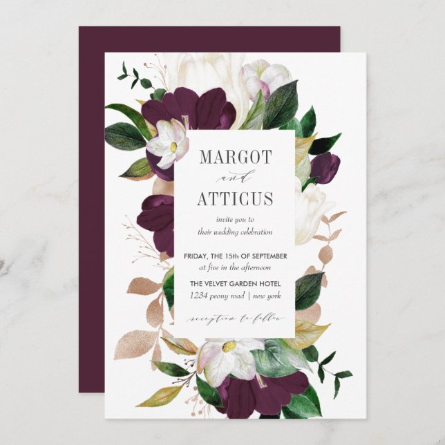 Velvet Magnolia and Ivory flower geometric wedding Invitation (Front/Back)