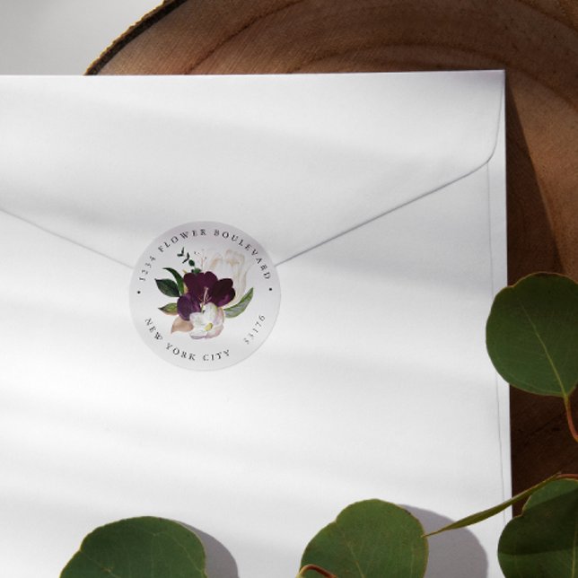 Velvet Magnolia Bouquet Botanical Return address Classic Round Sticker (Creator Uploaded)