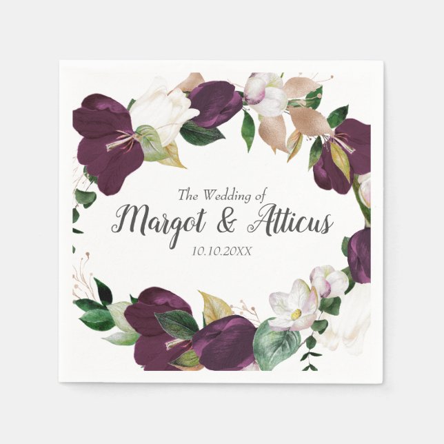 Velvet Magnolia Wreath Plum  Wedding Napkin (Front)