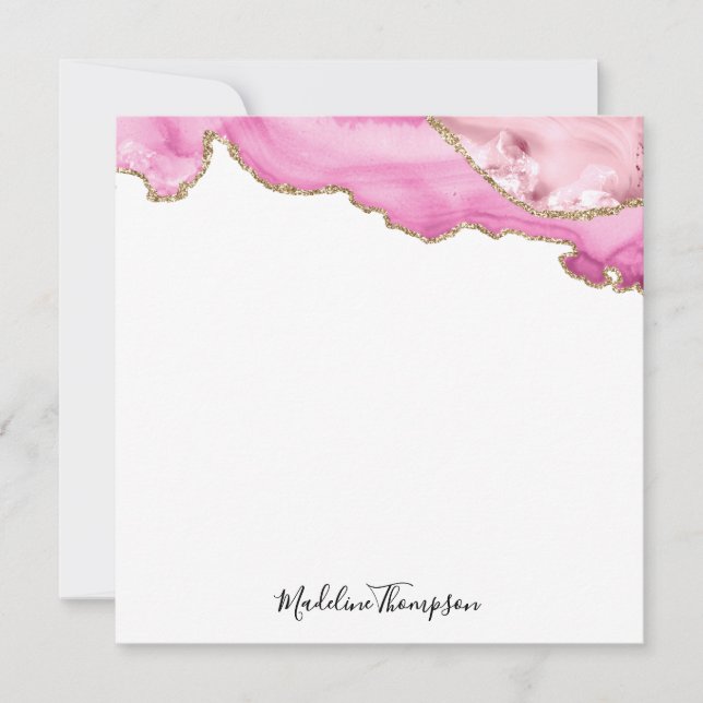 Velvet Pink Magenta Gold Agate Geode Script Square Card (Front)