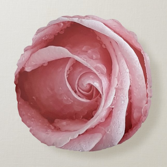 Velvet pink rose with raindrops round cushion (Front)