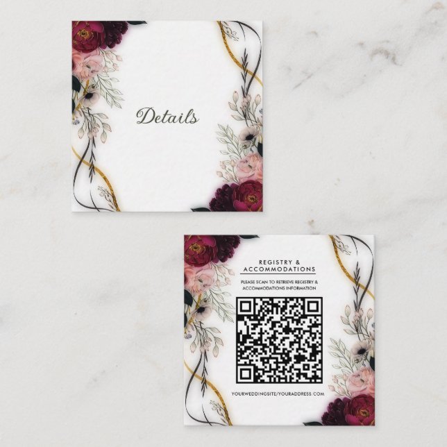 Velvet Plum Garden Floral Greenery Wedding Details Square Business Card (Front/Back)