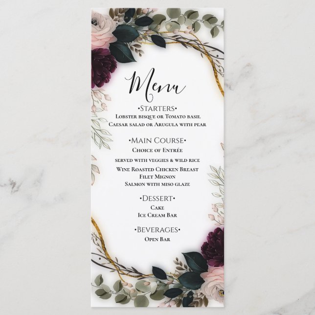 Velvet Plum Garden Floral Greenery Wedding  Menu (Front)