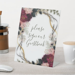 Velvet Plum Garden Floral Greenery Wedding  Pedestal Sign