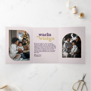 Velvet Plum Gold Cozy Vibes Retro Christmas Photo Tri-Fold Holiday Card