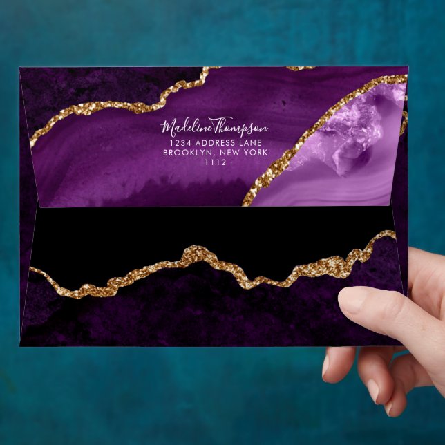 Velvet Purple Gold Agate Geode Script Address Envelope (Hand)