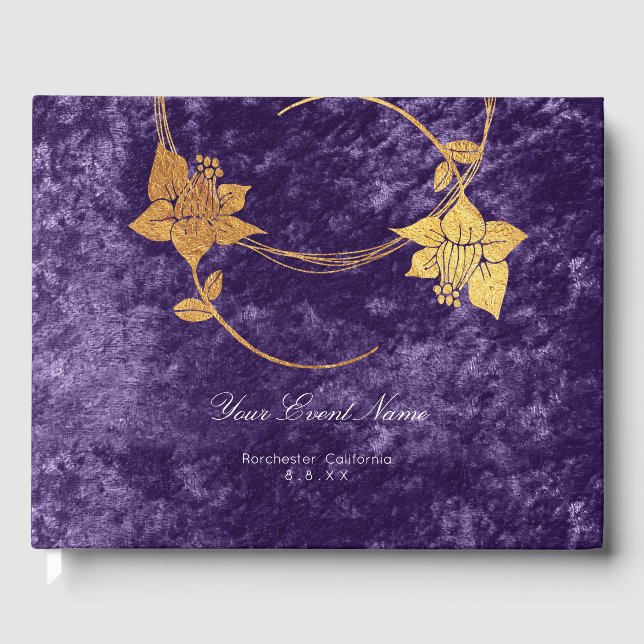 Velvet Purple Violet Grape Gold Floral Wedding Lux Guest Book (Front)