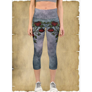Velvet Whispers: Curled Gothic Rose Vines Capri Leggings