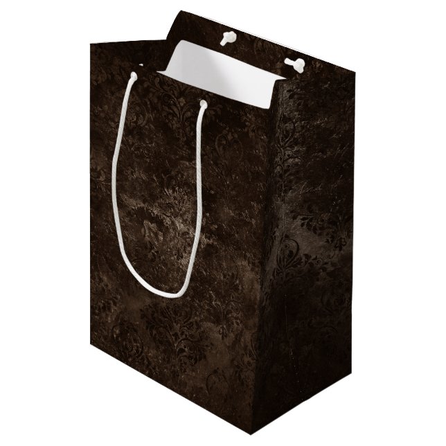 Velvety Bronze Damask | Brown Baroque Grunge Medium Gift Bag (Front Angled)