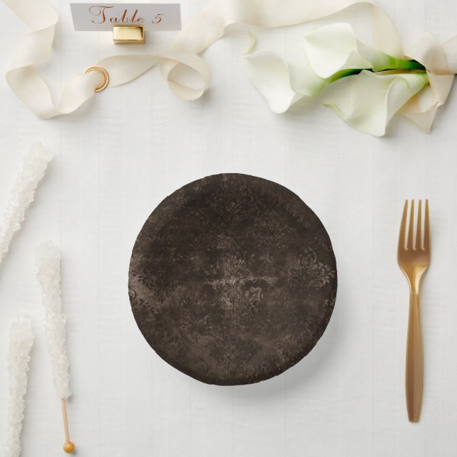 Velvety Bronze Damask | Brown Baroque Grunge Paper Plate (Wedding)