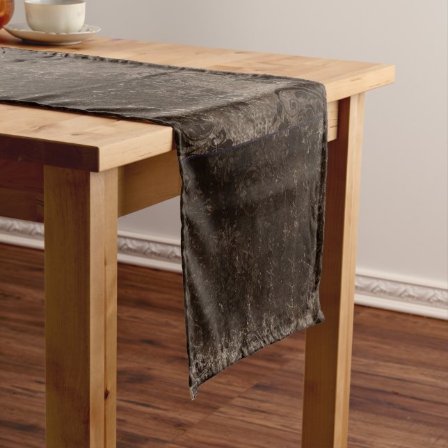 Velvety Bronze Damask | Brown Baroque Grunge Short Table Runner (In Situ)