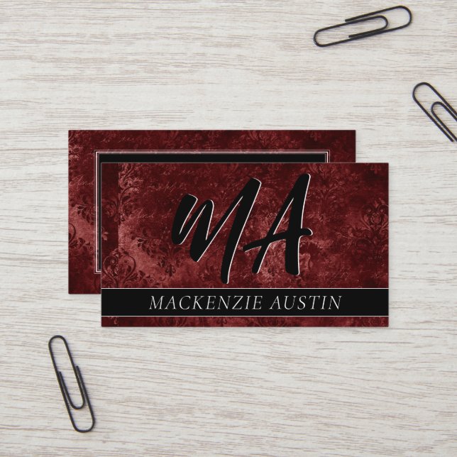Velvety Henna Damask | Crimson Red Grunge Baroque Business Card (Front/Back In Situ)