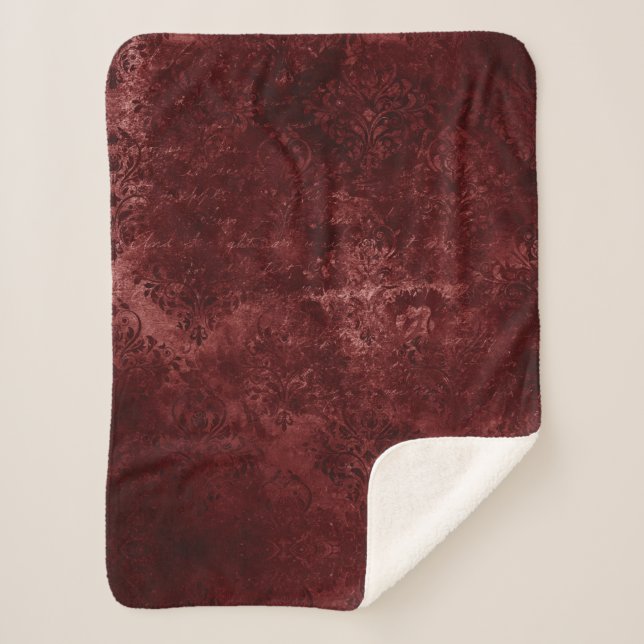 Velvety Henna Damask | Red Distressed Grunge Sherpa Blanket (Front)