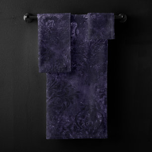 Velvety Midnight Damask Indigo Purple Grunge Bath Towel Set