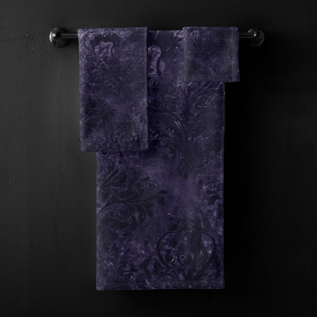 Velvety Midnight Damask | Indigo Purple Grunge Bath Towel Set (Creator Uploaded)