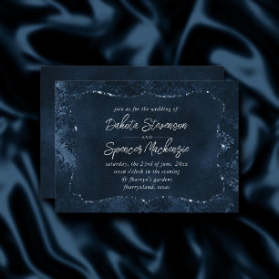 Velvety Navy Damask   Dark Blue Grunge Baroque Invitation